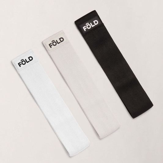 Pilates Resistance Bands Bundle - White, Timber wolf Grey, Black in a 3-pack for varied resistance training.