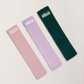 Pilates Resistance Bands Bundle - Rose Pink, Thistle Purple, Forest Green in a 3-pack for versatile workouts.