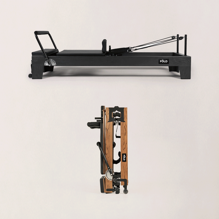 FOLD Pilates reformer shown in both flat and folded positions, showcasing a sleek design for home workouts.