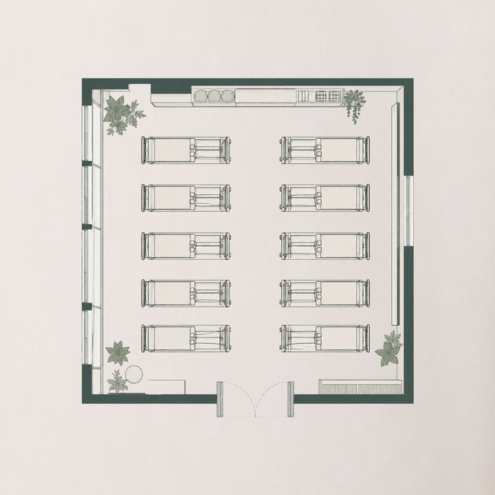 A layout design of a room showing twelve seating arrangements with plants in a minimalist style.