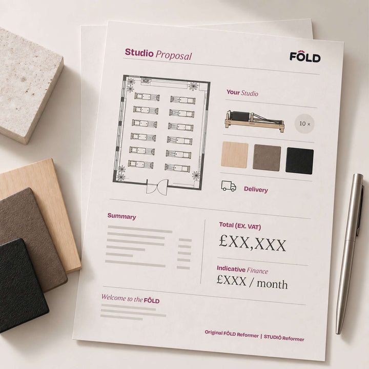 Studio proposal document showcasing layout, delivery details, and financing options for FÖLD equipment.