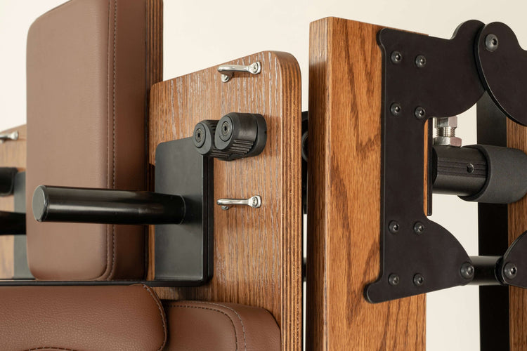 Original FÔLD Reformer with Easi-Fold™ in Chocolate, folded upright