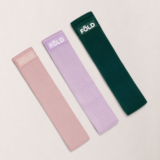 Pilates Widerstandsbänder Set – Rosenrosa, Distelviolett, Waldgrün