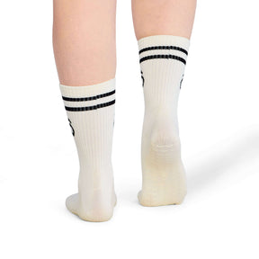 Crew Sporty Stripes Pilates Grip Socks - White displayed on feet with non-slip design.