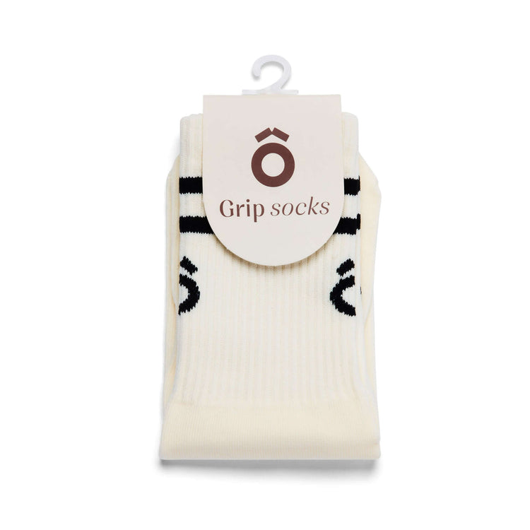 Crew Sporty Stripes Pilates Grip Socks - White with packaging, designed for non-slip performance during workouts.