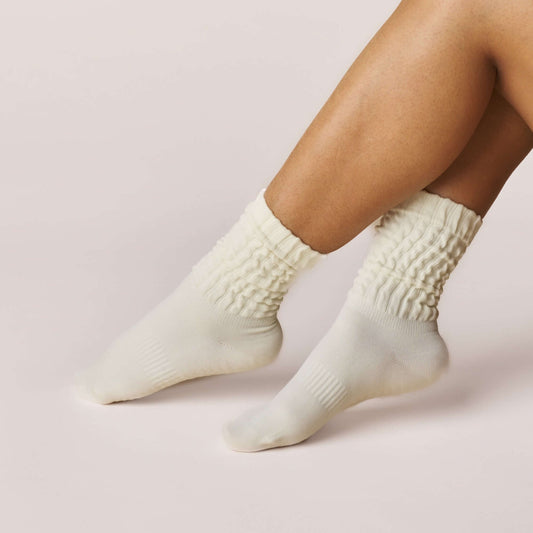 Pilates Scrunch Grip Socks - Off White with soft cotton, non-slip design and extra grippy soles for stability.