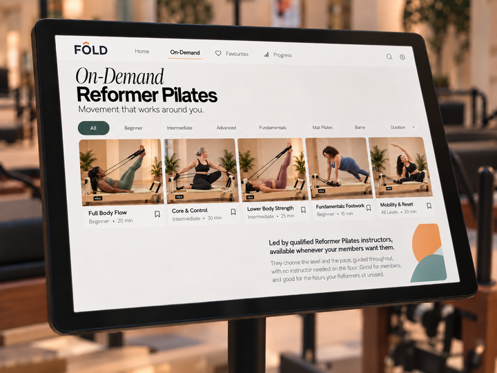 On-demand Reformer Pilates classes displayed on a tablet, featuring various workout categories and levels.